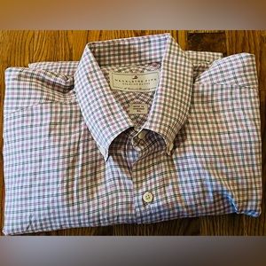 Madeleine Finn Dress Shirt, white/blue/red Plaid, Long Sleeve, Button Down, XL